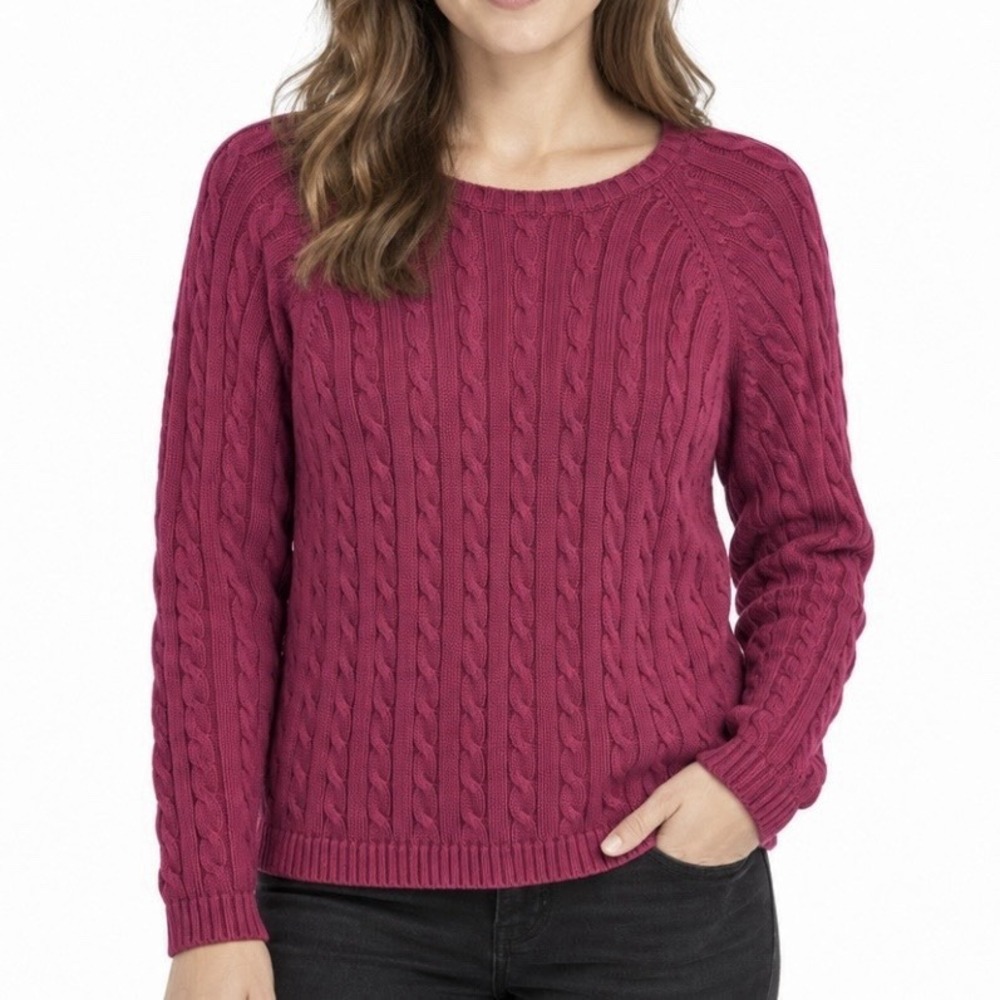 LL Bean Magenta Pink Pullover Cable Crew Neck Long Sleeve Cotton Sweater XL